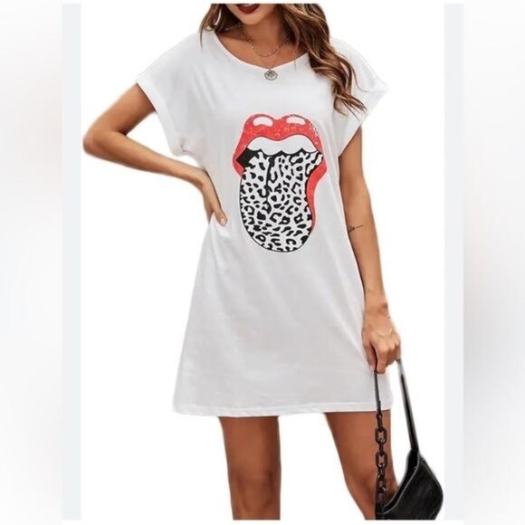 White Graphic T-Shirt Dress With Leopard Tongue Print - Picture 1 of 9